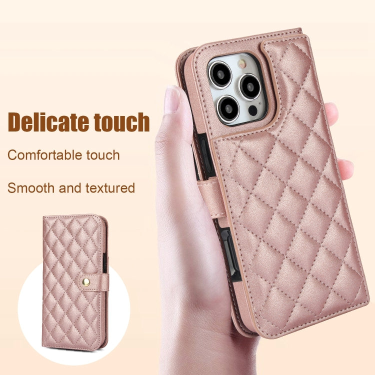 For iPhone 16 Pro Crossbody Multifunction Rhombic Leather Phone Case