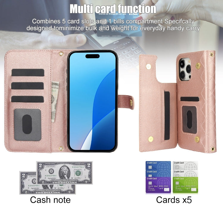 For iPhone 16 Pro Crossbody Multifunction Rhombic Leather Phone Case