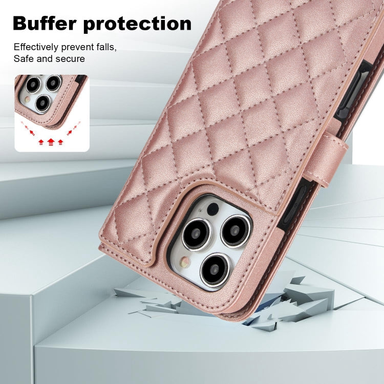 For iPhone 16 Pro Crossbody Multifunction Rhombic Leather Phone Case