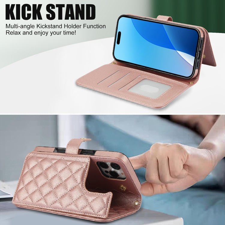For iPhone 16 Pro Crossbody Multifunction Rhombic Leather Phone Case