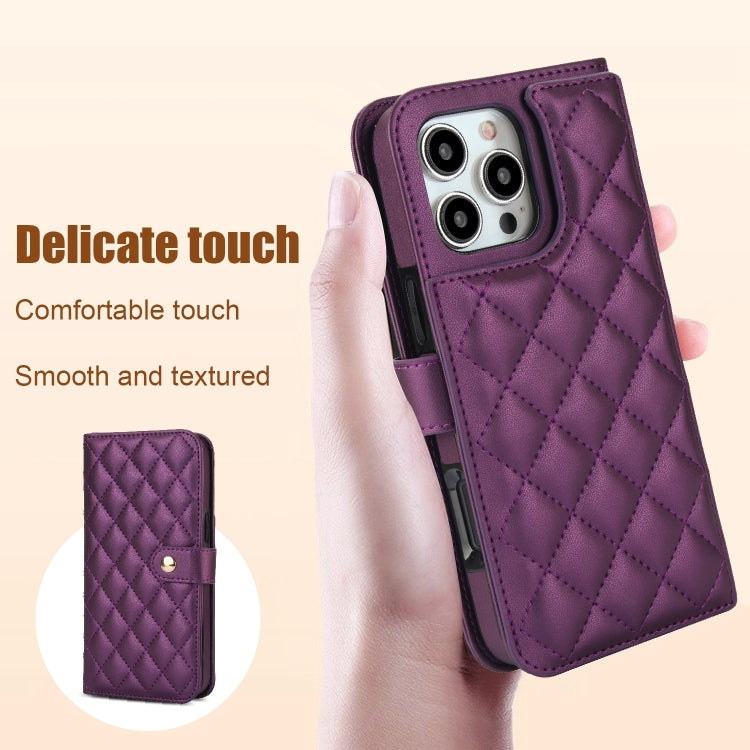 For iPhone 16 Pro Crossbody Multifunction Rhombic Leather Phone Case
