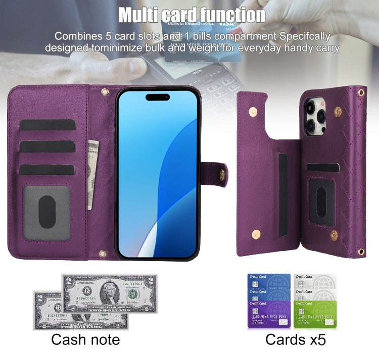 For iPhone 16 Pro Crossbody Multifunction Rhombic Leather Phone Case
