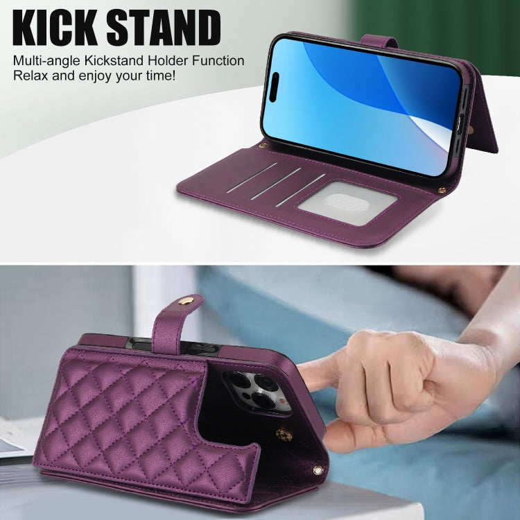 For iPhone 16 Pro Crossbody Multifunction Rhombic Leather Phone Case
