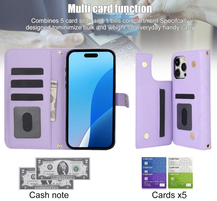 For iPhone 16 Pro Crossbody Multifunction Rhombic Leather Phone Case