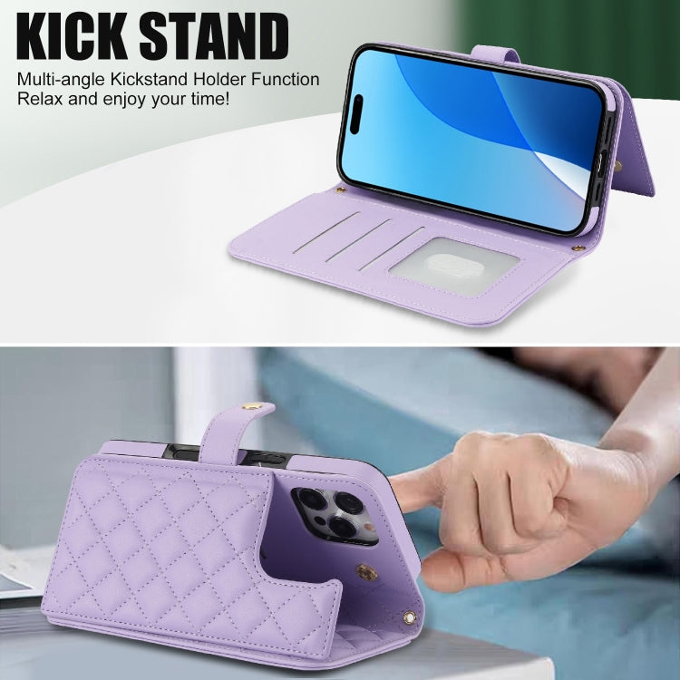 For iPhone 16 Pro Crossbody Multifunction Rhombic Leather Phone Case