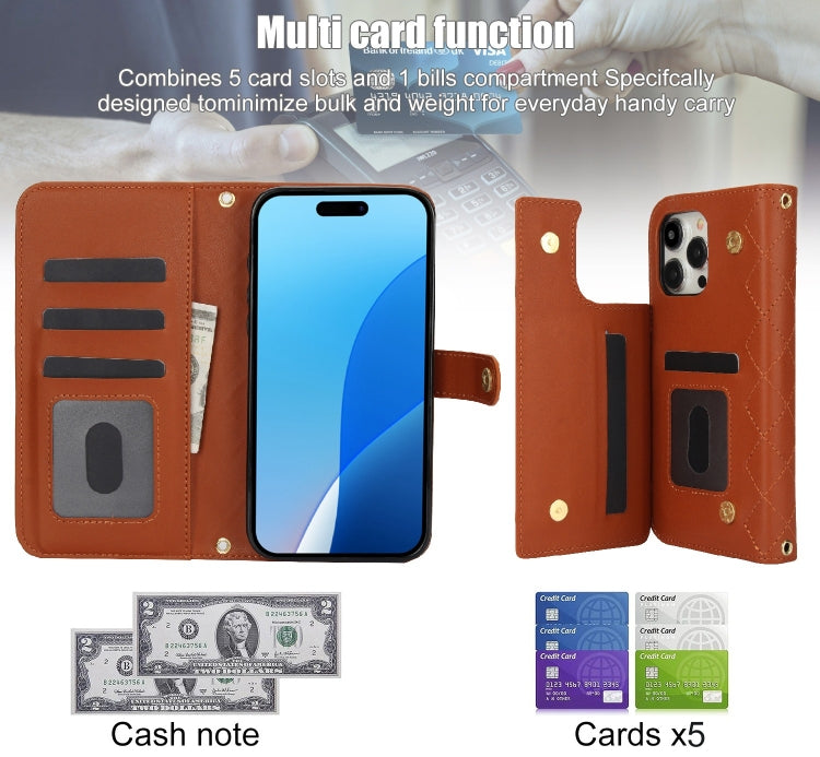 For iPhone 16 Pro Crossbody Multifunction Rhombic Leather Phone Case