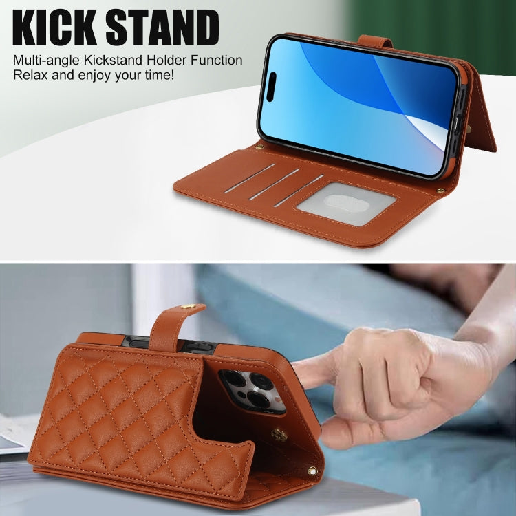 For iPhone 16 Pro Crossbody Multifunction Rhombic Leather Phone Case