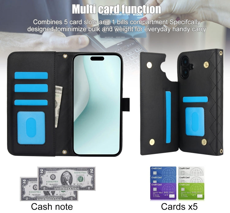 For iPhone 16 Plus Crossbody Multifunction Rhombic Leather Phone Case