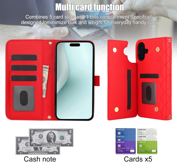 For iPhone 16 Plus Crossbody Multifunction Rhombic Leather Phone Case