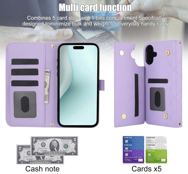 For iPhone 16 Plus Crossbody Multifunction Rhombic Leather Phone Case