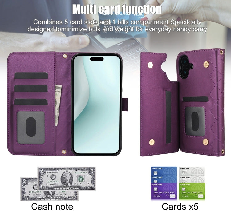 For iPhone 16 Crossbody Multifunction Rhombic Leather Phone Case
