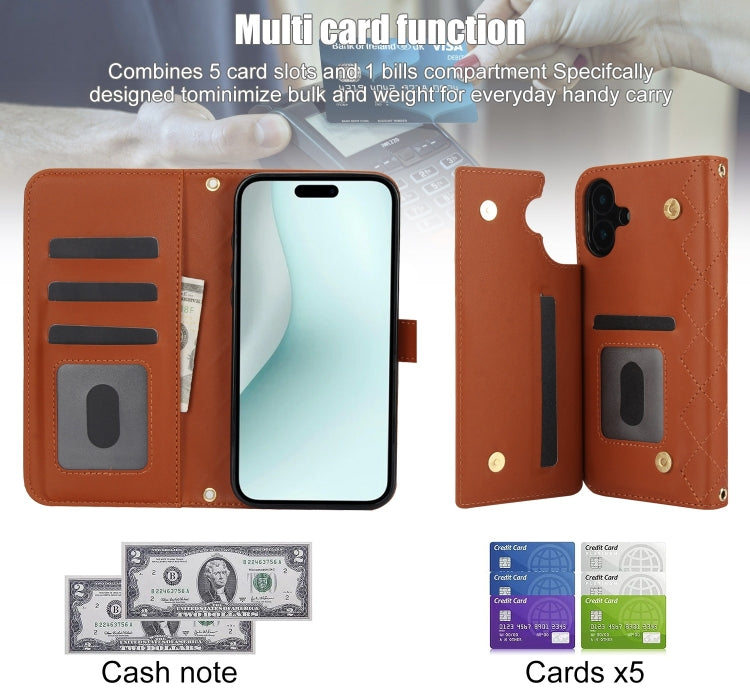 For iPhone 16 Crossbody Multifunction Rhombic Leather Phone Case