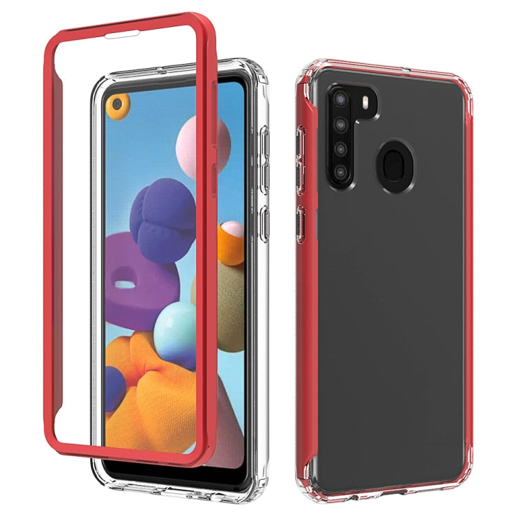 For Samsung Galaxy A21 Shockproof TPU Frame + Clear PC Back Case + Front PET Screen Protector