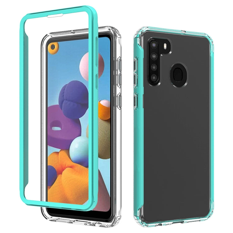 For Samsung Galaxy A21 Shockproof TPU Frame + Clear PC Back Case + Front PET Screen Protector