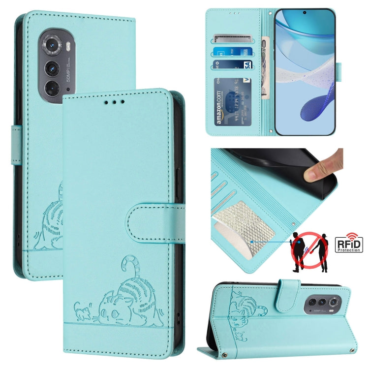 For Motorola Edge 5G UW 2022 Cat Rat Embossed Pattern RFID Leather Phone Case with Lanyard