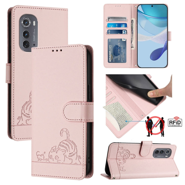 For Motorola Edge 5G UW 2022 Cat Rat Embossed Pattern RFID Leather Phone Case with Lanyard