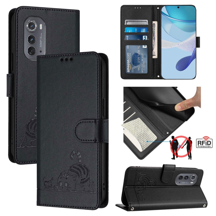For Motorola Edge 5G UW 2022 Cat Rat Embossed Pattern RFID Leather Phone Case with Lanyard