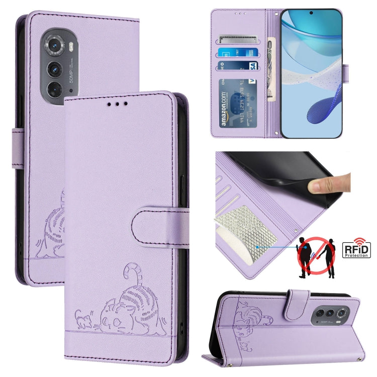 For Motorola Edge 5G UW 2022 Cat Rat Embossed Pattern RFID Leather Phone Case with Lanyard