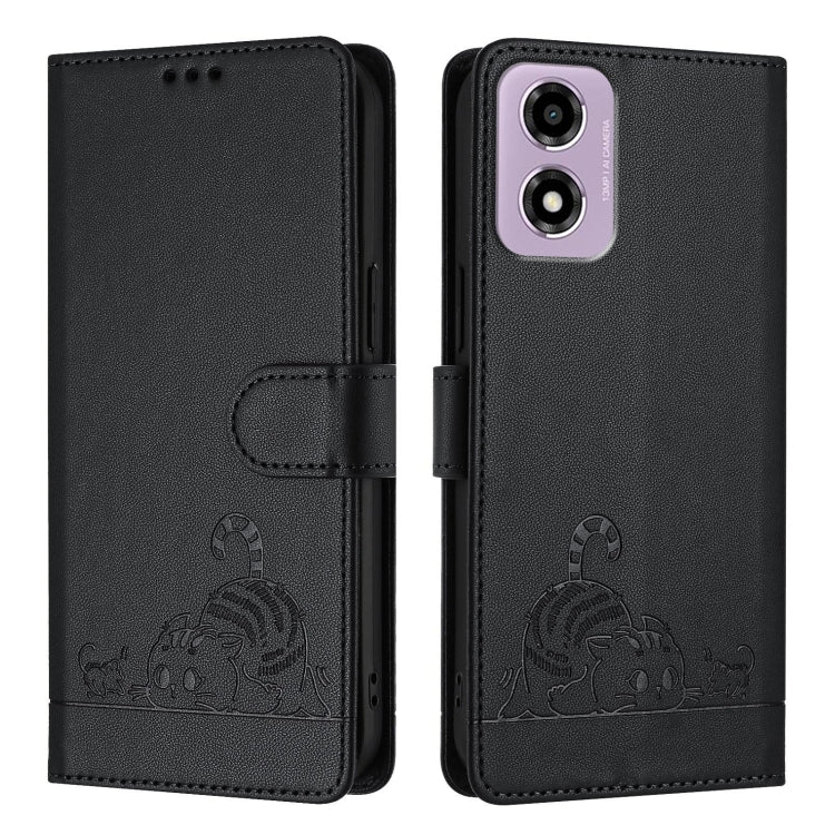 For Motorola Moto E14 Cat Rat Embossed Pattern RFID Leather Phone Case with Lanyard