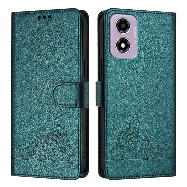 For Motorola Moto E14 Cat Rat Embossed Pattern RFID Leather Phone Case with Lanyard