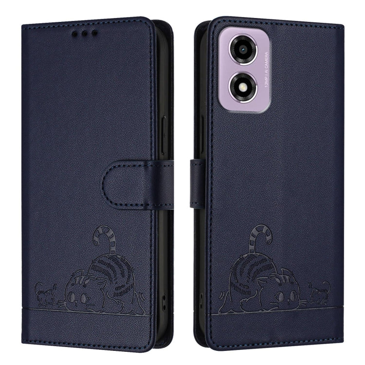 For Motorola Moto E14 Cat Rat Embossed Pattern RFID Leather Phone Case with Lanyard