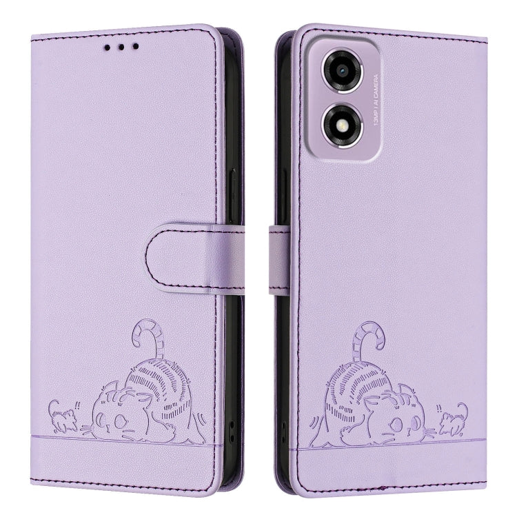 For Motorola Moto E14 Cat Rat Embossed Pattern RFID Leather Phone Case with Lanyard