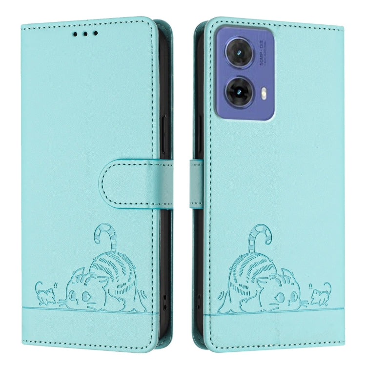 For Motorola Moto G85 Cat Rat Embossed Pattern RFID Leather Phone Case with Lanyard