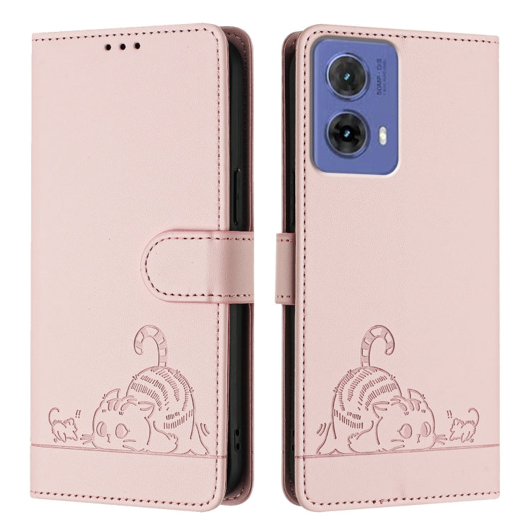 For Motorola Moto G85 Cat Rat Embossed Pattern RFID Leather Phone Case with Lanyard