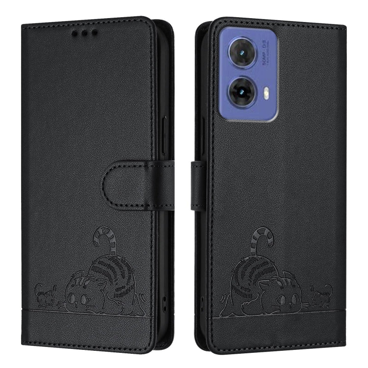For Motorola Moto G85 Cat Rat Embossed Pattern RFID Leather Phone Case with Lanyard