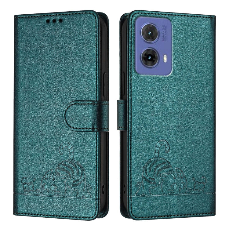 For Motorola Moto G85 Cat Rat Embossed Pattern RFID Leather Phone Case with Lanyard