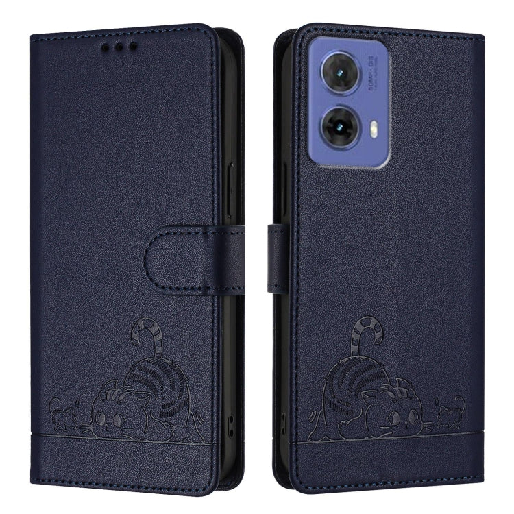 For Motorola Moto G85 Cat Rat Embossed Pattern RFID Leather Phone Case with Lanyard
