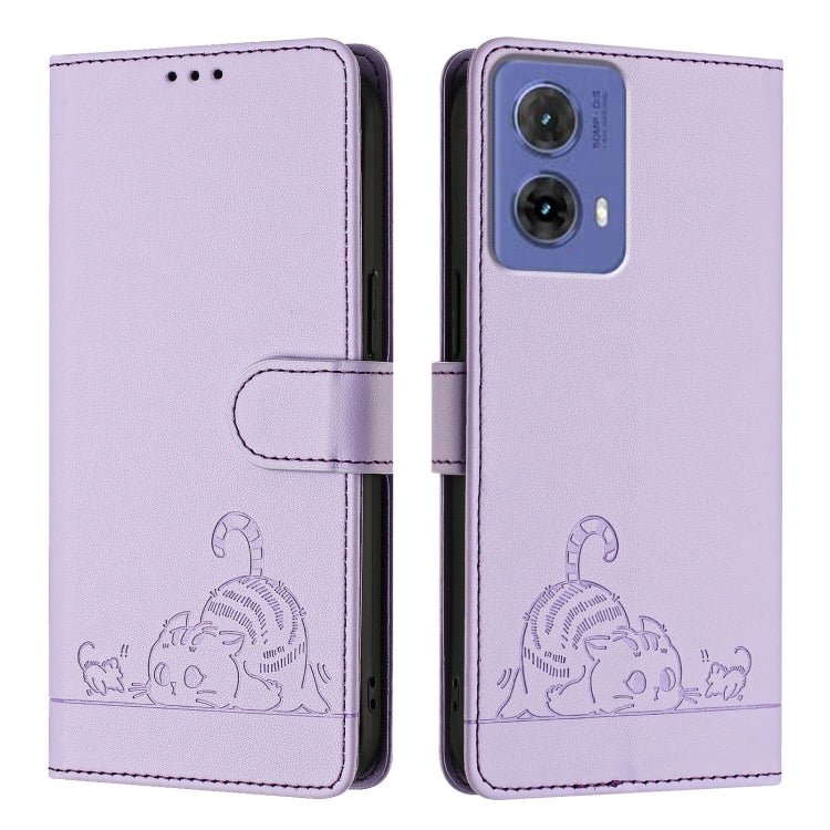 For Motorola Moto G85 Cat Rat Embossed Pattern RFID Leather Phone Case with Lanyard
