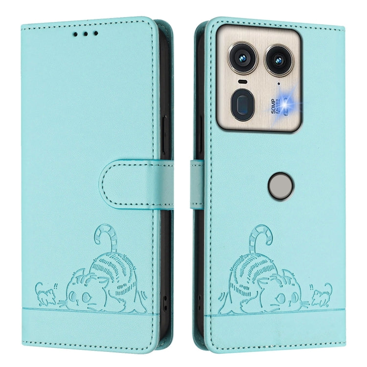 For Motorola Edge 50 5G Global Cat Rat Embossed Pattern RFID Leather Phone Case with Lanyard