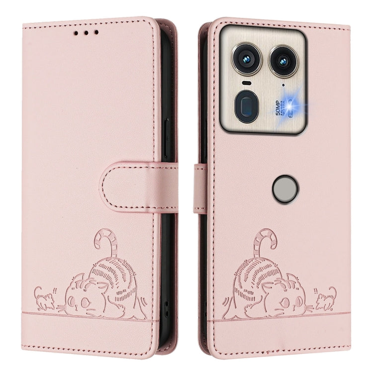For Motorola Edge 50 5G Global Cat Rat Embossed Pattern RFID Leather Phone Case with Lanyard