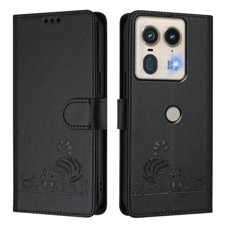 For Motorola Edge 50 5G Global Cat Rat Embossed Pattern RFID Leather Phone Case with Lanyard