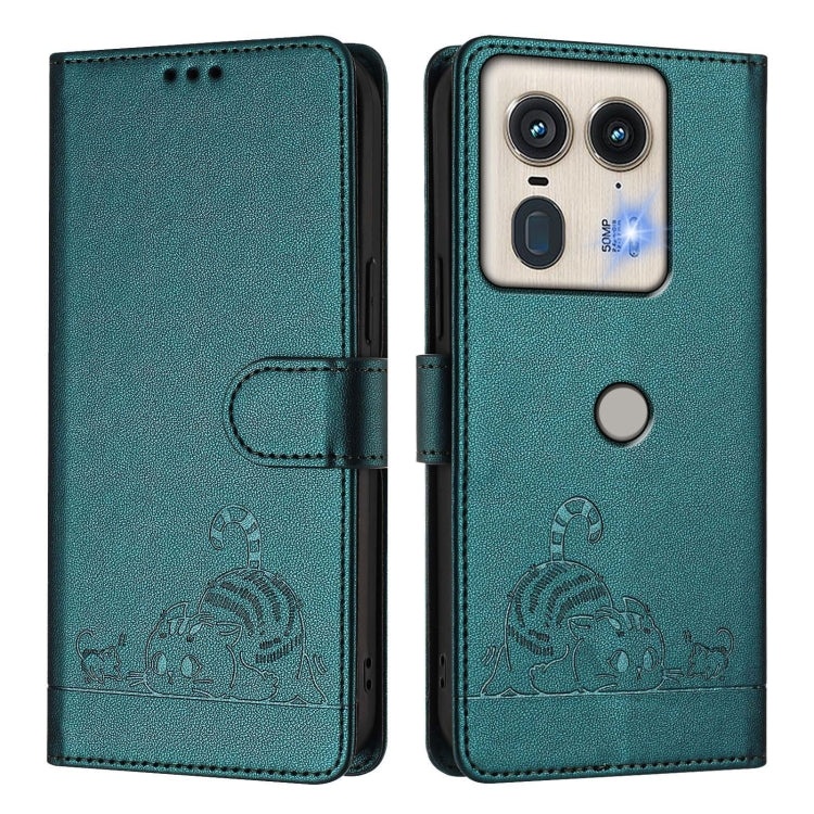 For Motorola Edge 50 5G Global Cat Rat Embossed Pattern RFID Leather Phone Case with Lanyard