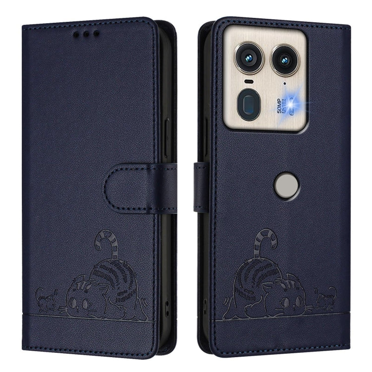 For Motorola Edge 50 5G Global Cat Rat Embossed Pattern RFID Leather Phone Case with Lanyard