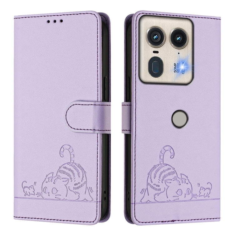 For Motorola Edge 50 5G Global Cat Rat Embossed Pattern RFID Leather Phone Case with Lanyard