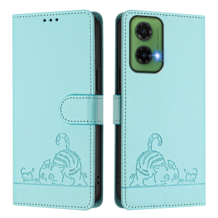 For Motorola Moto G35 Cat Rat Embossed Pattern RFID Leather Phone Case with Lanyard
