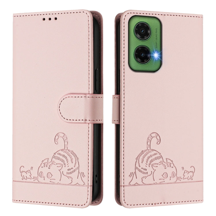 For Motorola Moto G35 Cat Rat Embossed Pattern RFID Leather Phone Case with Lanyard
