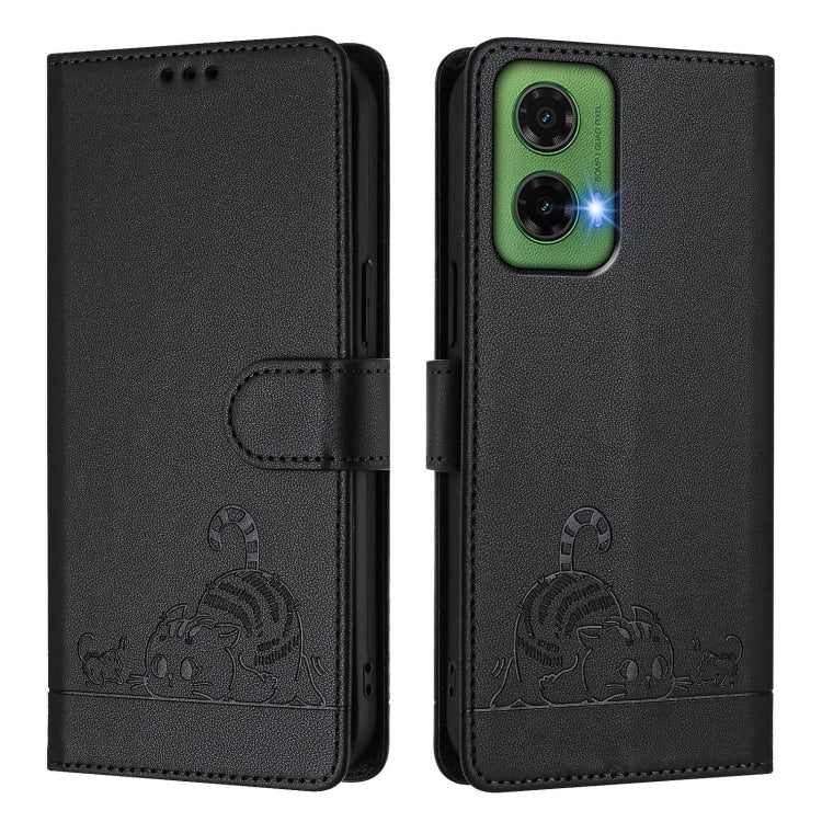 For Motorola Moto G35 Cat Rat Embossed Pattern RFID Leather Phone Case with Lanyard