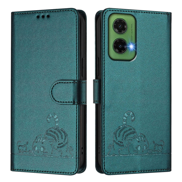 For Motorola Moto G35 Cat Rat Embossed Pattern RFID Leather Phone Case with Lanyard