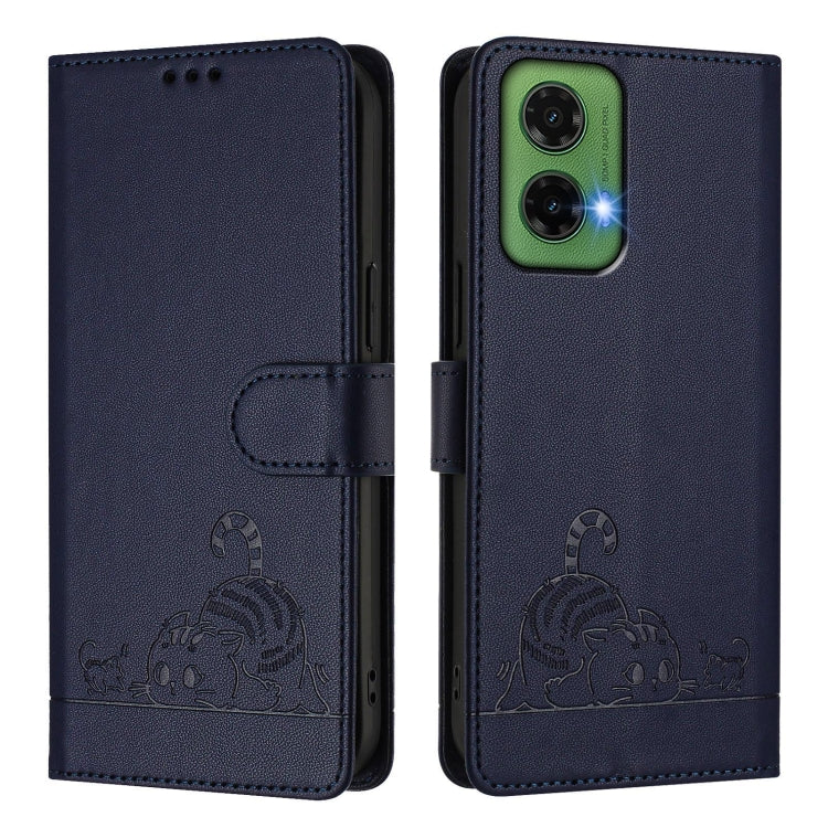 For Motorola Moto G35 Cat Rat Embossed Pattern RFID Leather Phone Case with Lanyard