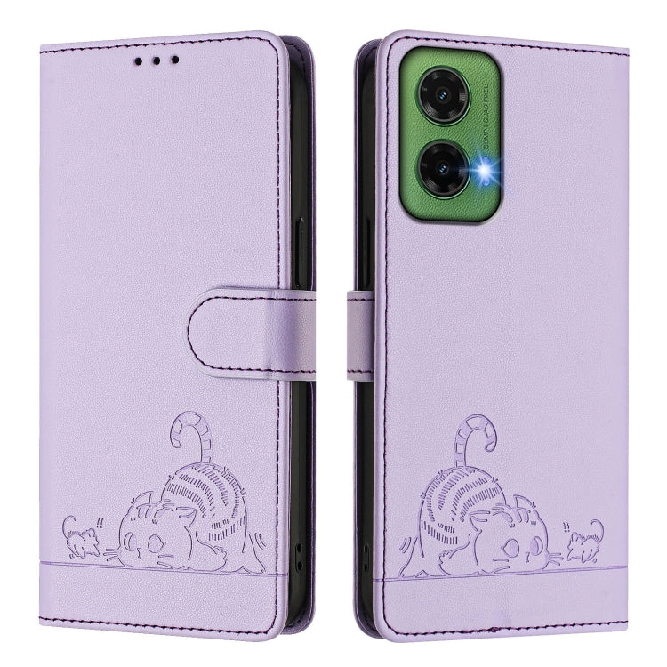 For Motorola Moto G35 Cat Rat Embossed Pattern RFID Leather Phone Case with Lanyard