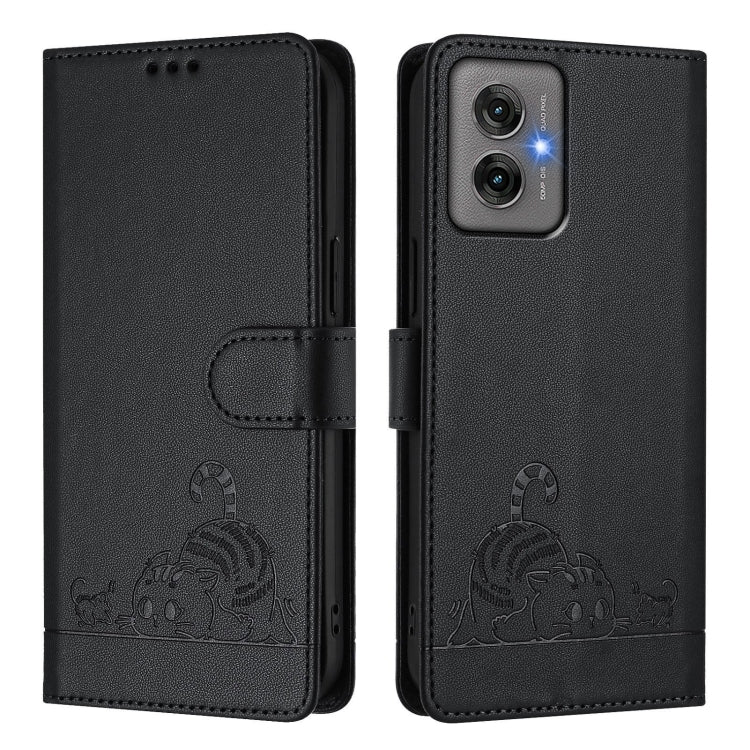 For Motorola Moto G55 Cat Rat Embossed Pattern RFID Leather Phone Case with Lanyard