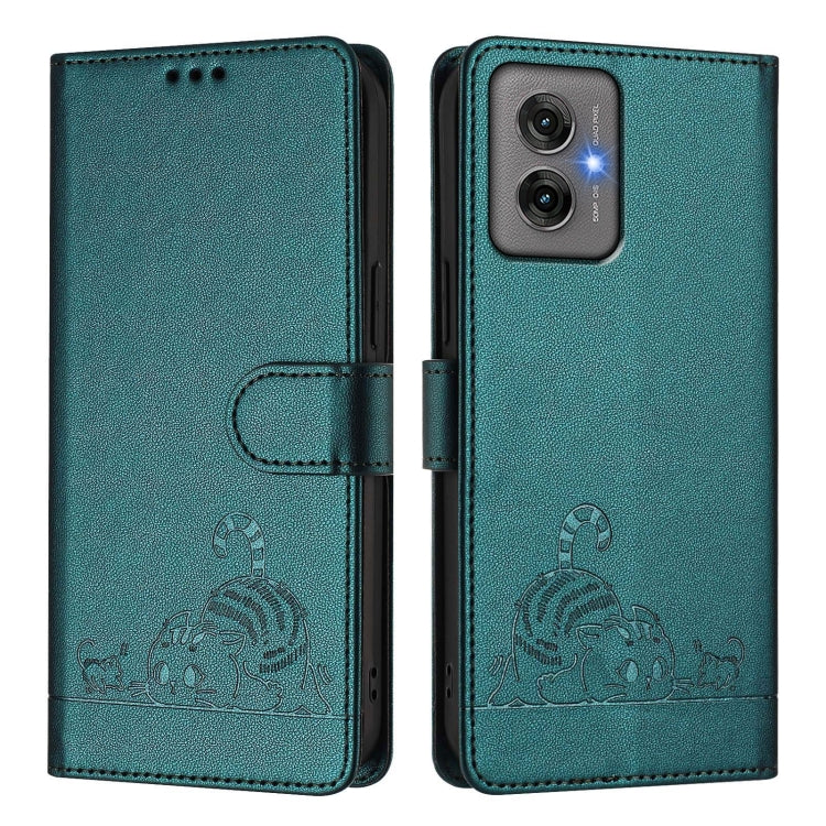 For Motorola Moto G55 Cat Rat Embossed Pattern RFID Leather Phone Case with Lanyard
