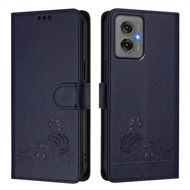 For Motorola Moto G55 Cat Rat Embossed Pattern RFID Leather Phone Case with Lanyard