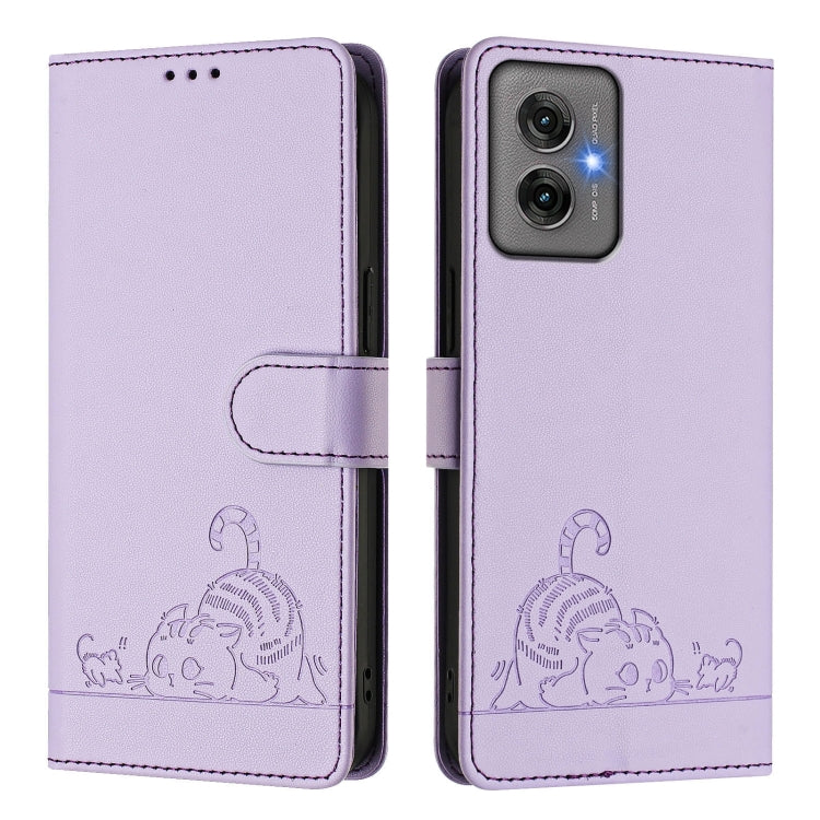 For Motorola Moto G55 Cat Rat Embossed Pattern RFID Leather Phone Case with Lanyard