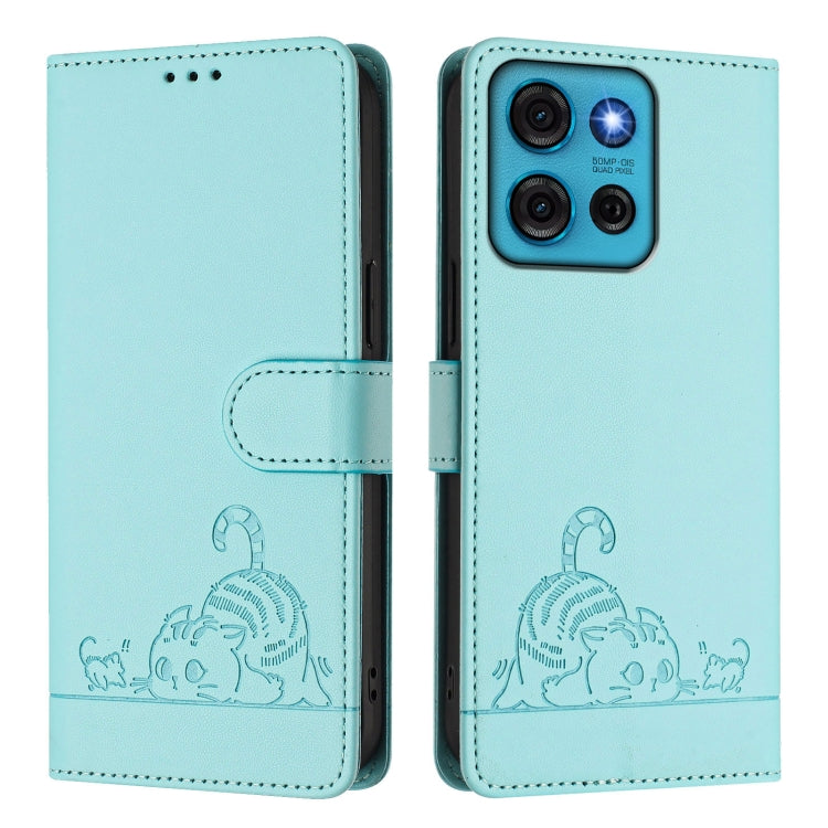 For Motorola Moto G75 Cat Rat Embossed Pattern RFID Leather Phone Case with Lanyard