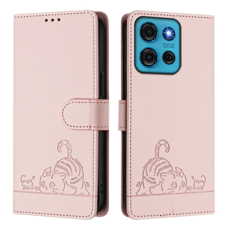 For Motorola Moto G75 Cat Rat Embossed Pattern RFID Leather Phone Case with Lanyard
